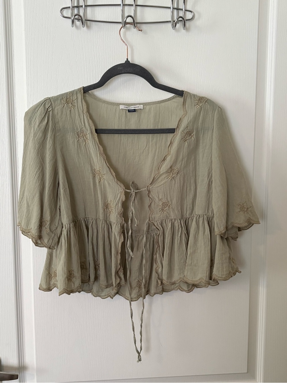 American Eagle Outfitters Olive Green Embroidered Tie-Front Peasant Top